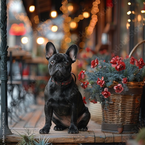Frenchie dog black, posing with charm on a chic Parisian street photo