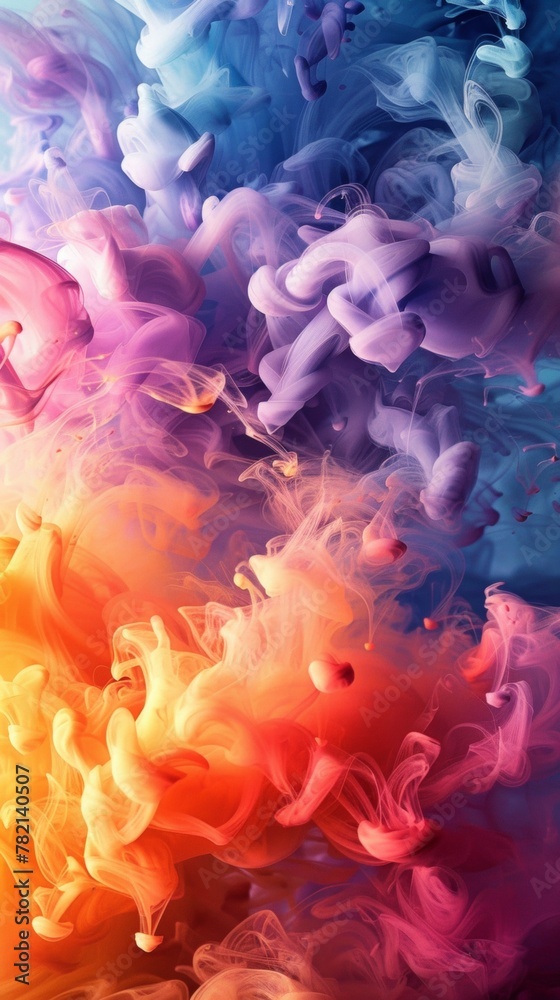 Fototapeta premium Colorful smoke patterns intertwining in vibrant hues of purple, orange, and blue, creating a mystical effect.