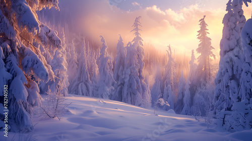 Golden Sunrise Over Snow-Clad Pine Forest in Winter