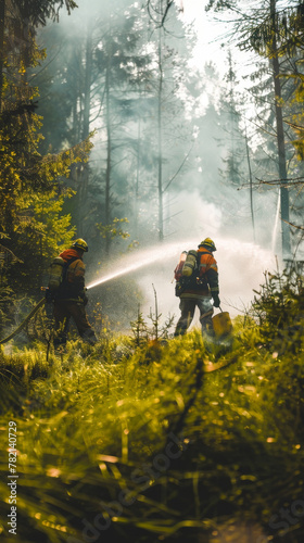 Silhouetted against a hazy forest backdrop, firefighters work tirelessly to control an intense wildfire.
