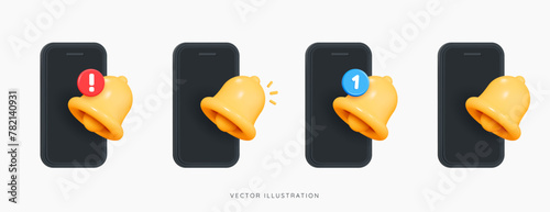 3D Phone with bell notification set icon. New incoming inbox message. Social media reminder. Subscribe notice. Push notification. Cartoon creative design icons isolated on white. 3D vector objects