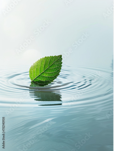 A solitary, vibrant green leaf rests calmly on the mirror-like surface of a still, tranquil body of water, creating a peaceful and serene natural tableau.