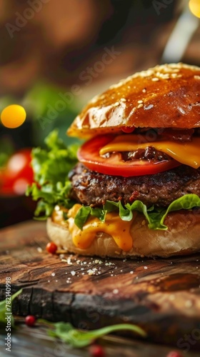 A gourmet beef burger  complete with melted cheese  fresh tomato slices  and crisp lettuce  is beautifully presented on a rustic wooden surface  exuding an irresistible culinary appeal.