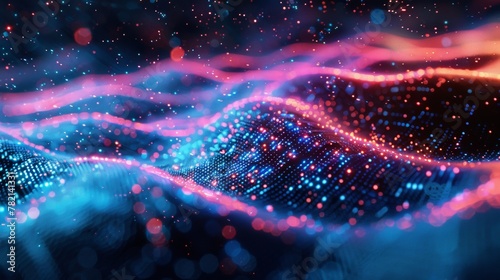 Digital art of a blue and red neon particle wave, simulating a dynamic and futuristic landscape.