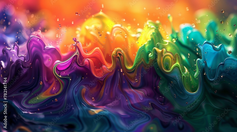 Colorful abstract wave patterns with a glossy texture, resembling vibrant psychedelic paint in motion. - obrazy, fototapety, plakaty 