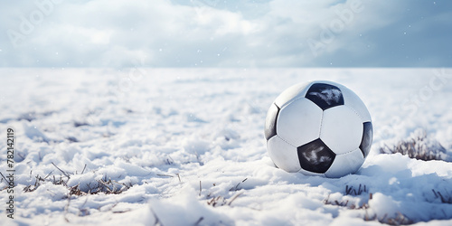 A image of a soccer ball resting on a snow-covered soccer field, with footprints and snowy patches adding texture to the scene © jhon