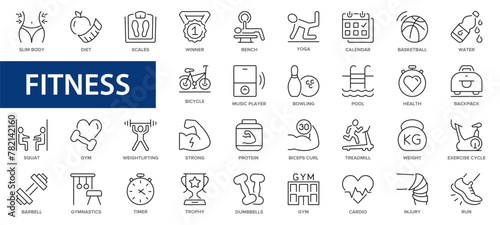 Sport and fitness line icons set. Fitness exercise, football, gym, diet, jogging, weight and more thin line icon.
