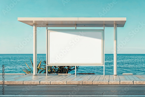 Coastal bus stop billboard mockup at daytime. Generative AI