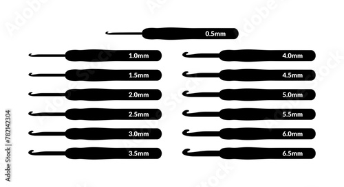Crochet hook illustration set. Crochet hook sizes. Vector black silhouette. 0.5mm, 1.0mm, 1.5mm, 2.0mm, 2.5mm, 3.0mm, 3.5mm, 4.0mm, 4.5mm, 5.0mm, 5.5mm, 6.0mm, 6.5mm hooks.