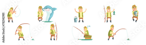 Funny Fisherman Character Fishing with Rod Vector Illustration Set