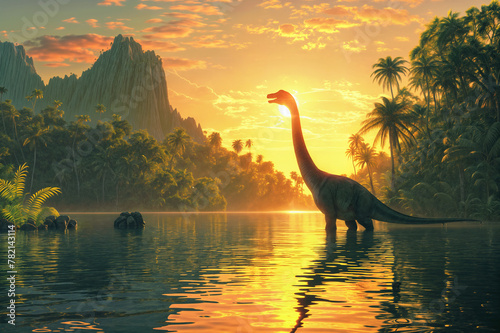 A brachiosaurus  is standing in a tropical lake surrounded by palm trees, with a mountain in the background. The sun is setting, and there are small islands in the lake.