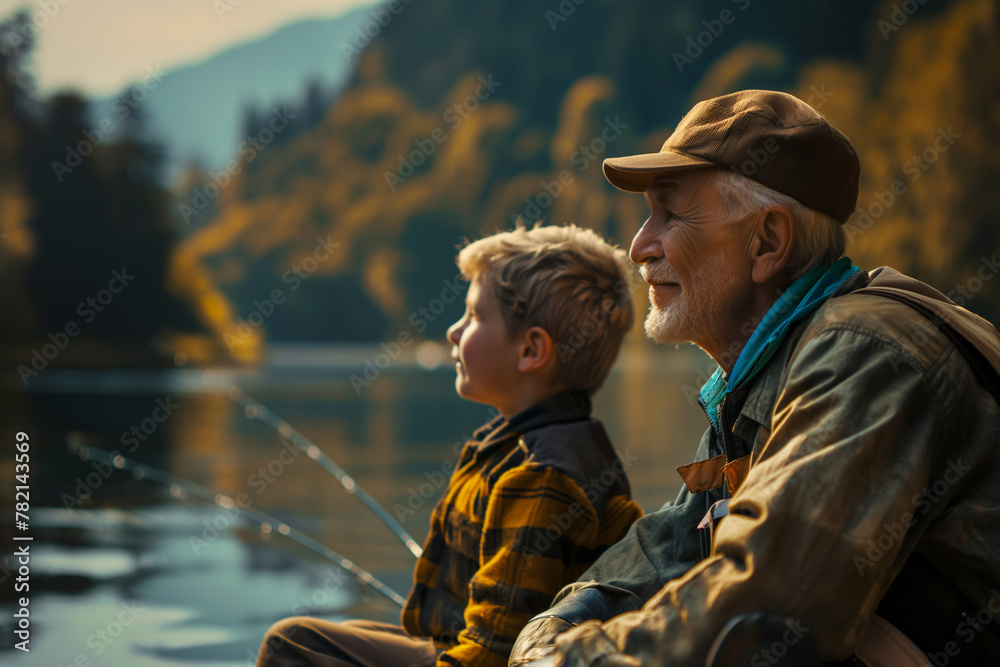 Grandson and grandfather fishing