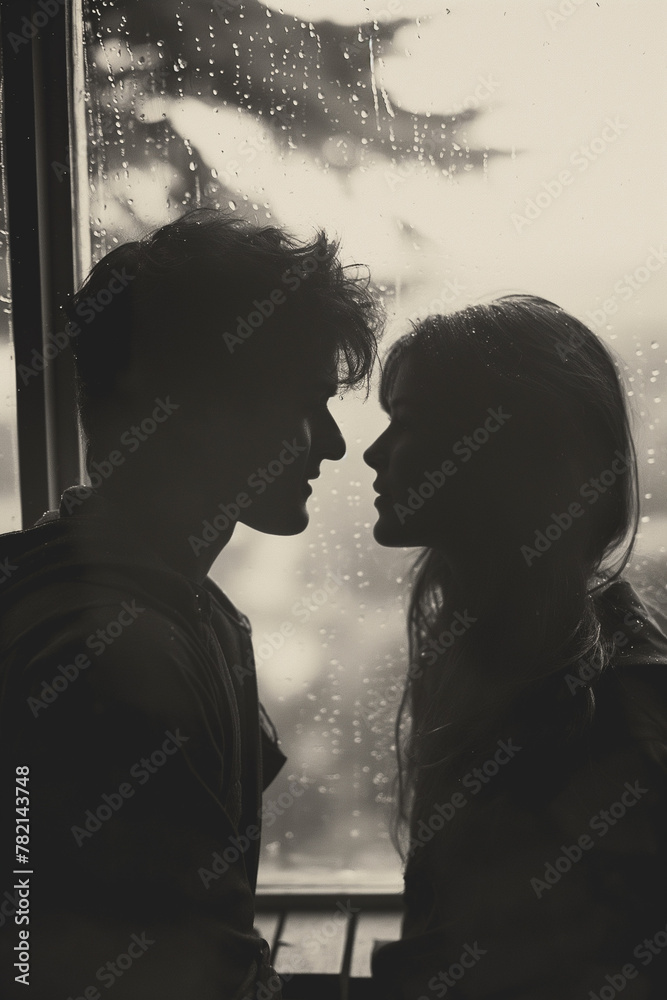 A couple is kissing in a window with rain outside