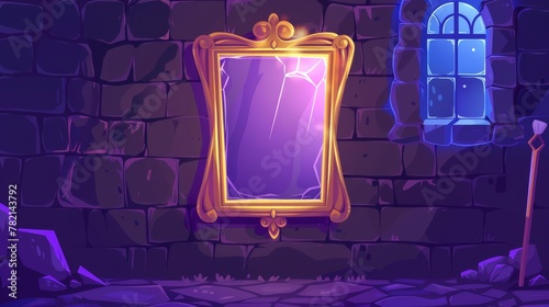 In a medieval castle, a richly decorated mirror with a mysterious glow and reflection sits on a stone wall at night and looks like a magic mirror. Modern cartoon fantasy illustration of a wizard or