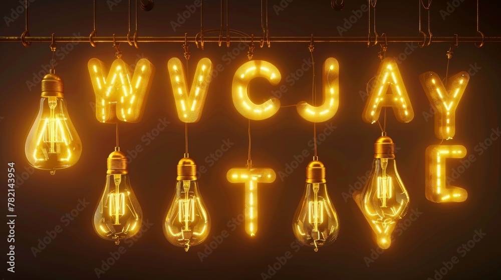 In a glowing yellow lamp, cartoon sans serif letters hang from wires. Latin abc uppercase letters, typeface for greeting cards typography Modern illustration. In a glowing yellow lamp, cartoon sans serif letters hang from wires. Latin abc uppercase letters, typeface for greeting cards typography Modern illustration.