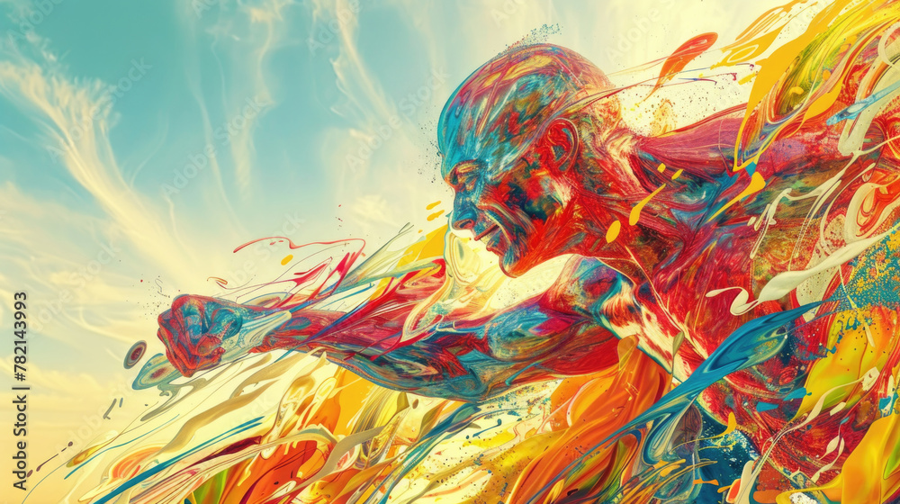 A vibrant and dynamic artistic interpretation of a runner, depicted in splashes of bright colors