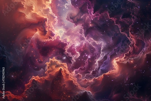 A colorful space scene with a purple cloud in the middle. The clouds are surrounded by stars and the sky is dark