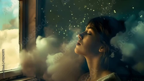 woman sitting in front of window, her eyes closed, clouds and sparks surrounding, dreamer concept