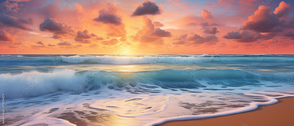 Captivating Coastal Sunset Scene with Luminous Waves and Sand