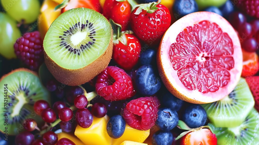 A colorful fruit platter with a kiwi, strawberries, blueberries, and grapefruit A colorful fruit platter with a kiwi, strawberries, blueberries, and grapefruit