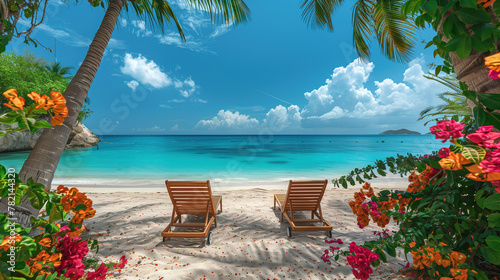  two sun loungers on Beautiful tropical beach with white sand and  background of turquoise ocean and blue sky with clouds. Frame of palm leaves and flowers. Perfect landscape for relaxing vacation © Majed