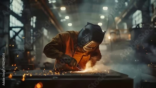 worker in protective gear welding metal parts, sparks flying around, working force concept