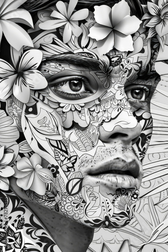 Close-up of a persons face half-covered with detailed flower and leaf designs in black and white