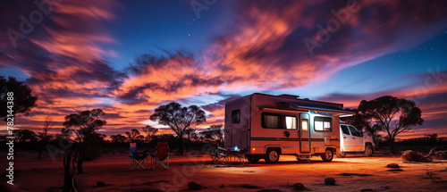 Starry Night Over a Modern Motorhome in a Desert Landscape