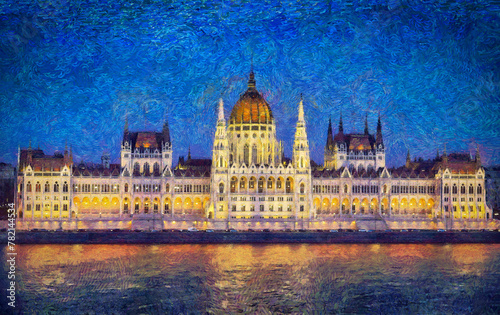 Night view of the brightly illuminated parliament building in Budapest, Hungary. Impressionist oil painting, digital imitation.