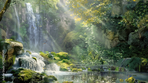 Watercolor detailed painting of a roaring waterfall cascading down rocks in the midst of a dense forest filled with green trees and lush vegetation