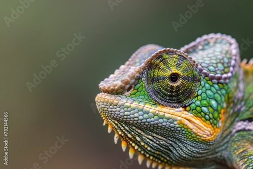Close Up of Chameleon's Colorful Face with Green and Yellow Background © VICHIZH