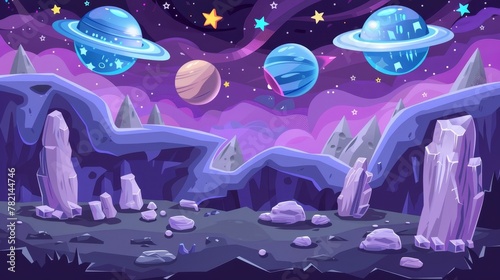 Cartoon space game level map with alien planets. Modern illustration of cosmos, universe future trip with ufo saucers and bonus stars.