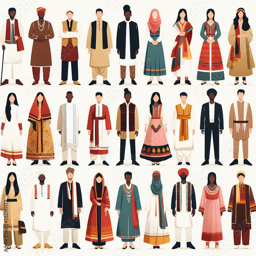 a diverse range of people from various ethnic backgrounds, all adorned in their traditional dress. The style is minimal and trendy, reflecting the unique cultural attire of each individual