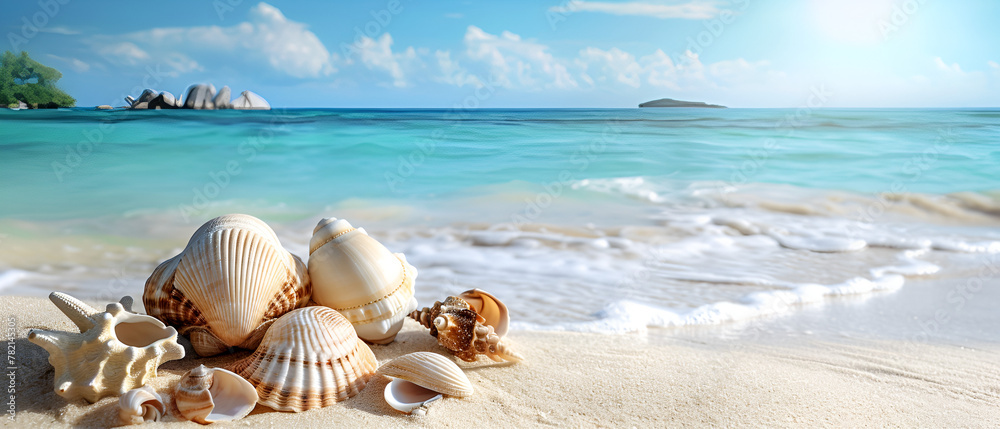 Landscape with Seashells on Tropical Beach in Summer Landscape with Seashells on Tropical Beach in Summer