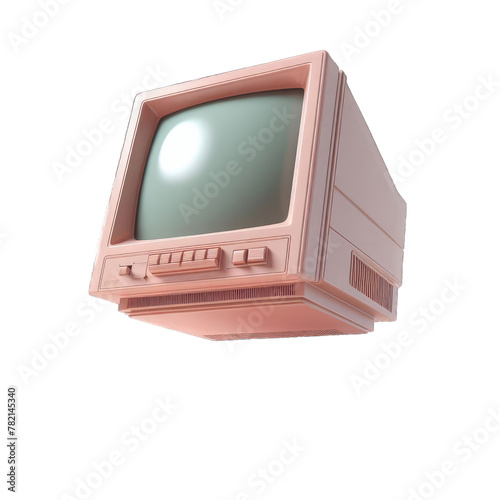 Pink computer monitor is floating in air. Image has nostalgic and whimsical feel to it, as if it were vintage toy or piece of art. Isolated object