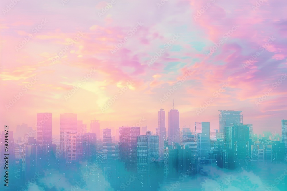Colorful realistic cityscape landscapes with light azure and pink and clouds. Sunlight. Soft