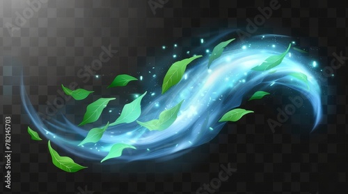 An air or wind vortex path accompanied by green leaves. A glow swirl trail accompanied by menthol breath or detergent is isolated on a transparent background.
