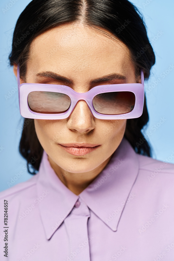 A fashionable woman exudes summertime vibes in a purple shirt and matching sunglasses against a blue studio backdrop. A fashionable woman exudes summertime vibes in a purple shirt and matching sunglasses against a blue studio backdrop.