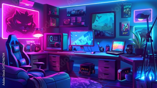Gamer setup with computer, monitor, headphones and neon posters on table, couches, and furniture of a gameroom for streaming. Cartoon modern illustration of e-sports. photo