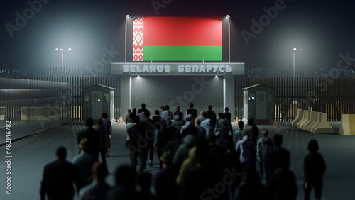 People walk through the border checkpoint gate to Belarus at night - 3D illustration rendered