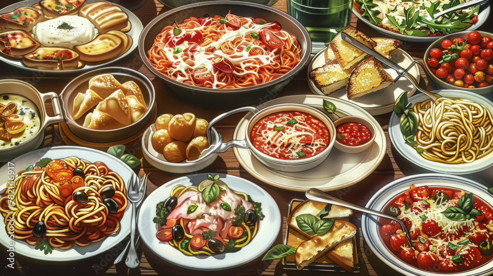 A table displaying a wide variety of foods, including fruits, vegetables, meats, and desserts, providing a feast for the eyes A table displaying a wide variety of foods, including fruits, vegetables, meats, and desserts, providing a feast for the eyes