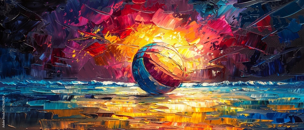 Palette knife oil artwork of a volleyball beach ball, body in bright colors, against a dynamic background with colorful highlights and theatrical lighting - obrazy, fototapety, plakaty 