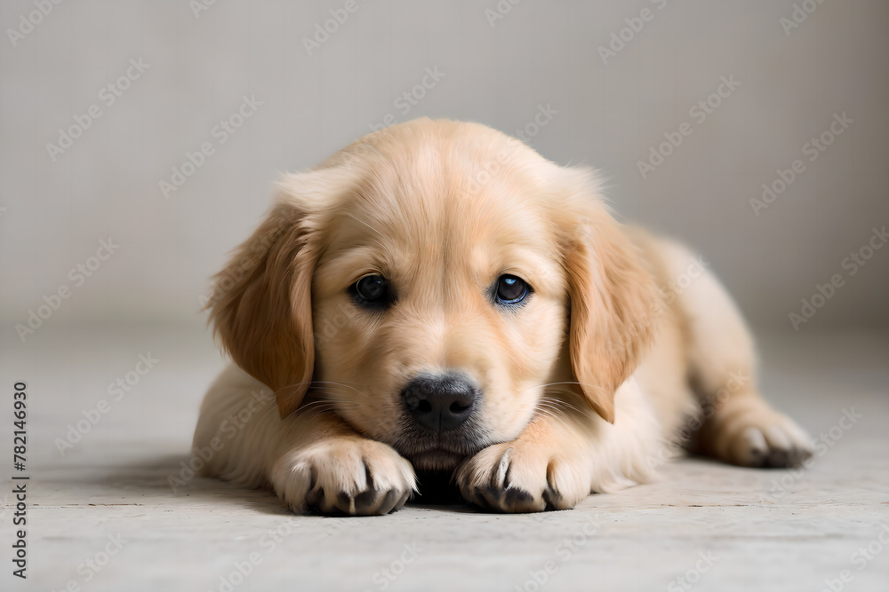 A Golden Retriever puppy is lying on the floor.