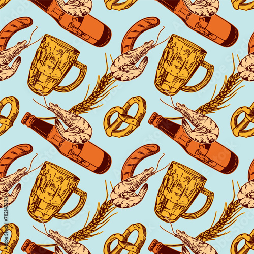 Beer seamless pattern. Mug, bottle, shrimp, pretzel, wheat. Hand drawn vector illustration for wrapping paper, wallpaper, fabric, covers, Oktoberfest invitations.