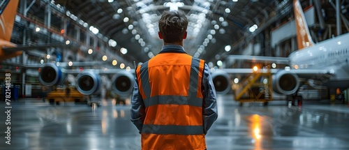 Engineer Overlooking Aircraft Assembly Line. Concept Aircraft Manufacturing, Engineering Innovation, Quality Control in Aerospace, Inspection Procedures