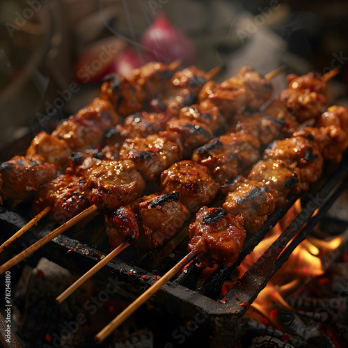 A grill with meat skewers on it