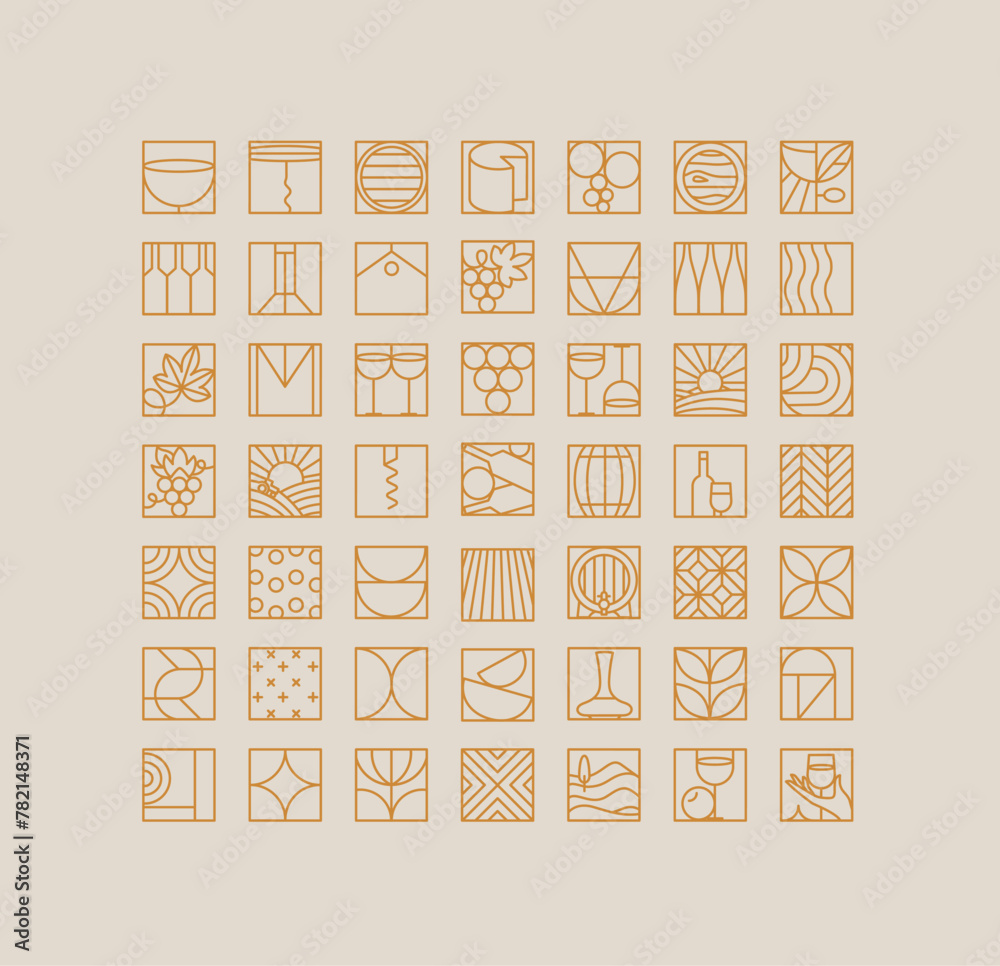 Wine art deco icons drawing in flat line style drawing on beige background.