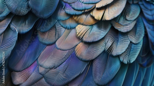 Close-up of iridescent feathers of european magpie tail. Bird feather texture.