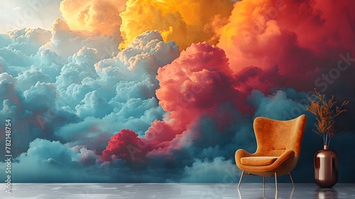 a chair and a vase in front of a colorful wall mural with clouds and rainbow colors on it