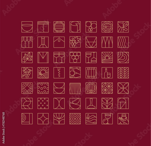 Wine art deco icons drawing in flat line style drawing on red background.